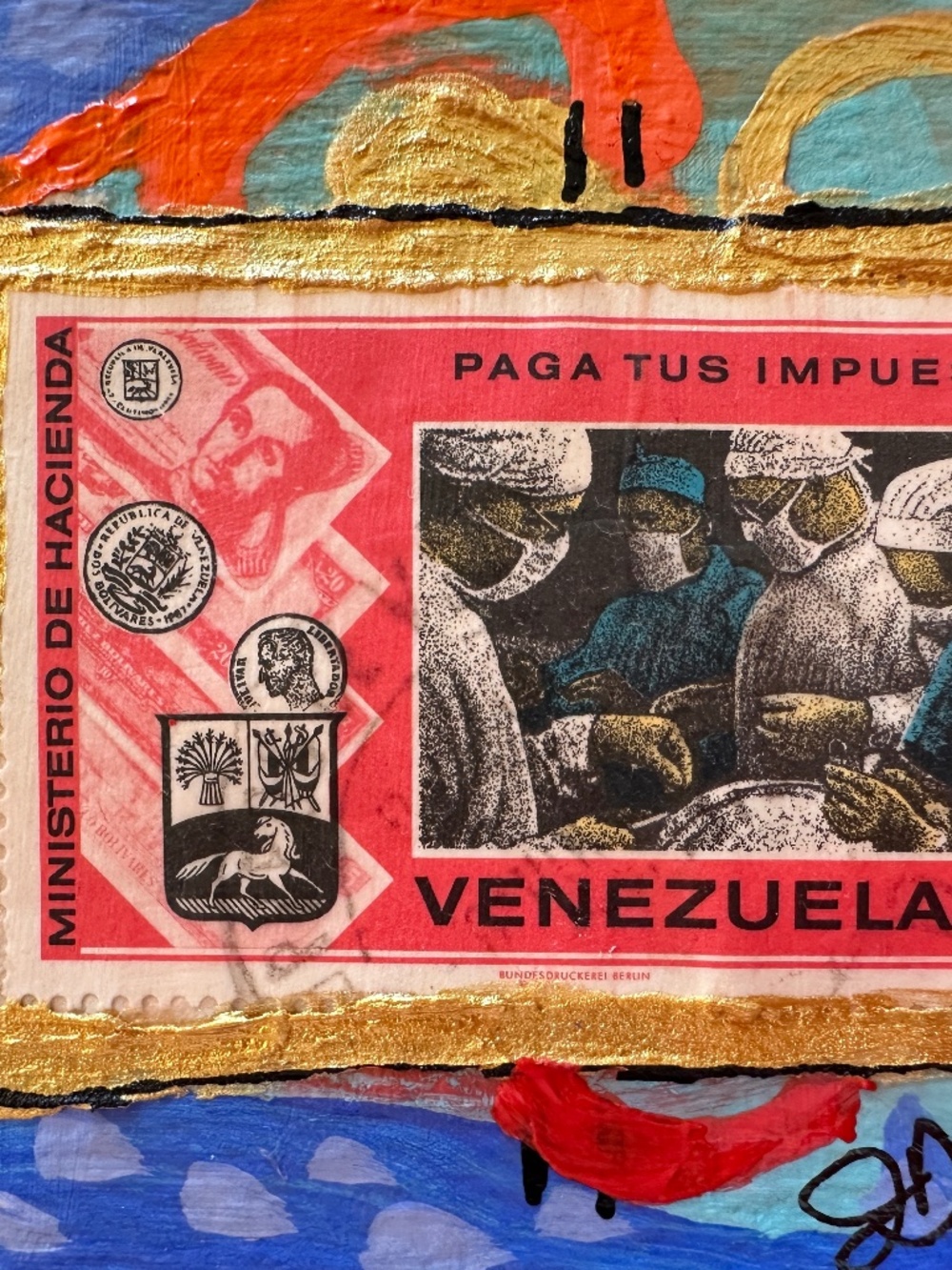 ACEO Original Art Card, Vintage Venezuela Postage Stamp Surgeon Operating Room